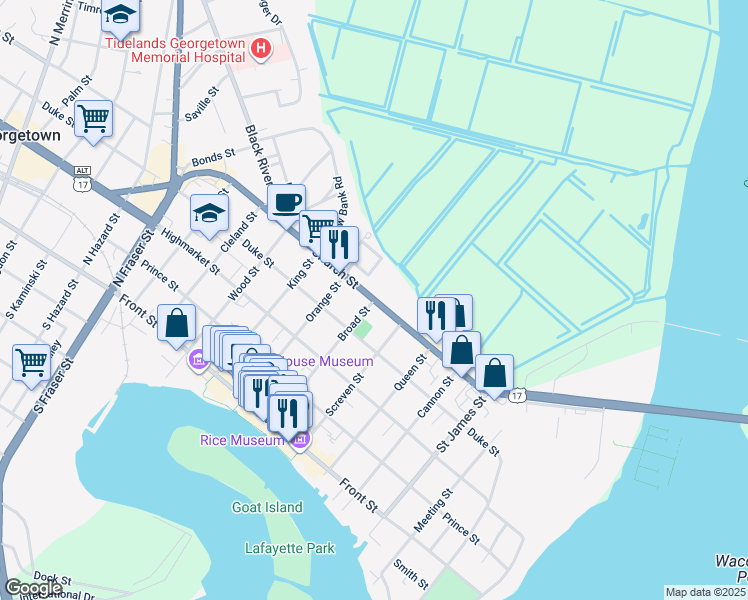 map of restaurants, bars, coffee shops, grocery stores, and more near 717 Church Street in Georgetown