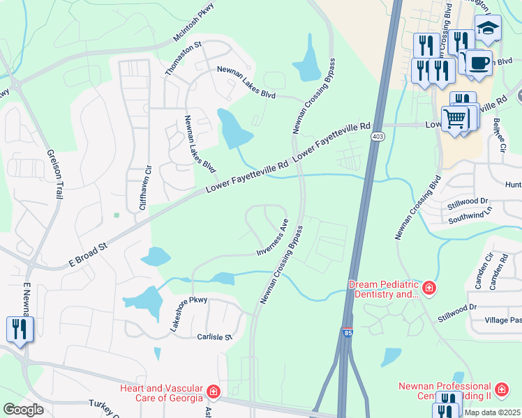 map of restaurants, bars, coffee shops, grocery stores, and more near 30 Lismore Way in Newnan