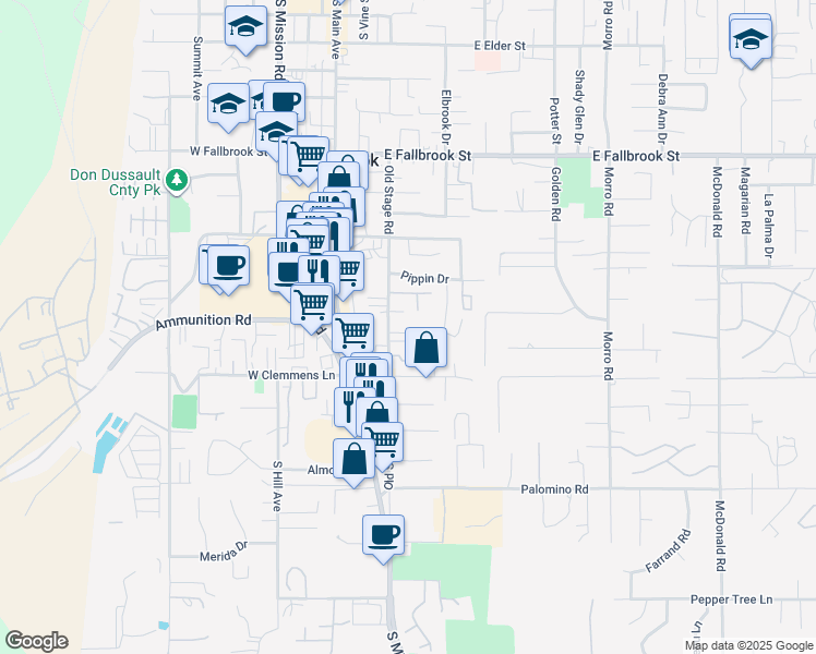 map of restaurants, bars, coffee shops, grocery stores, and more near 1206 Old Stage Road in Fallbrook