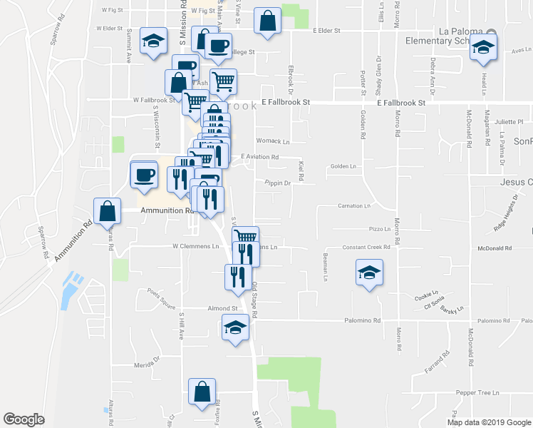 map of restaurants, bars, coffee shops, grocery stores, and more near 1206 Old Stage Road in Fallbrook