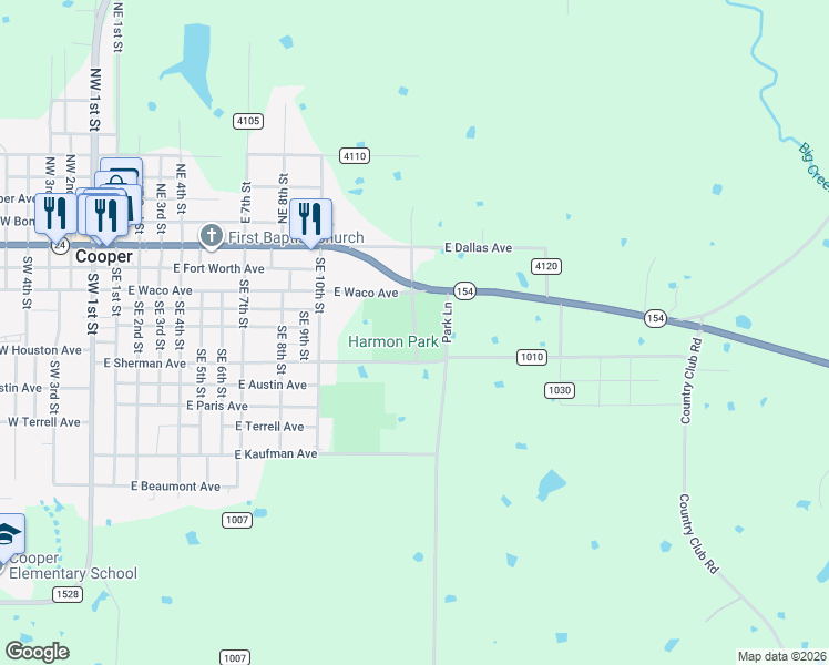 map of restaurants, bars, coffee shops, grocery stores, and more near City Park Road in Cooper
