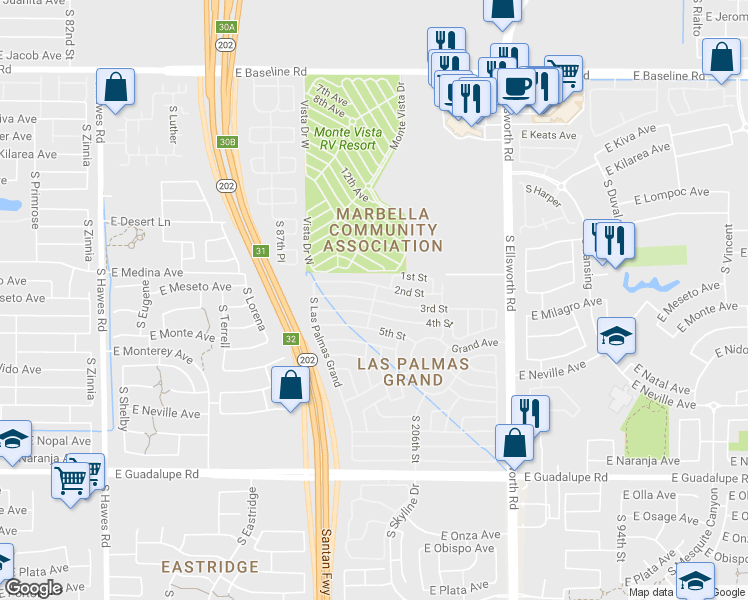 map of restaurants, bars, coffee shops, grocery stores, and more near Inverness in Mesa