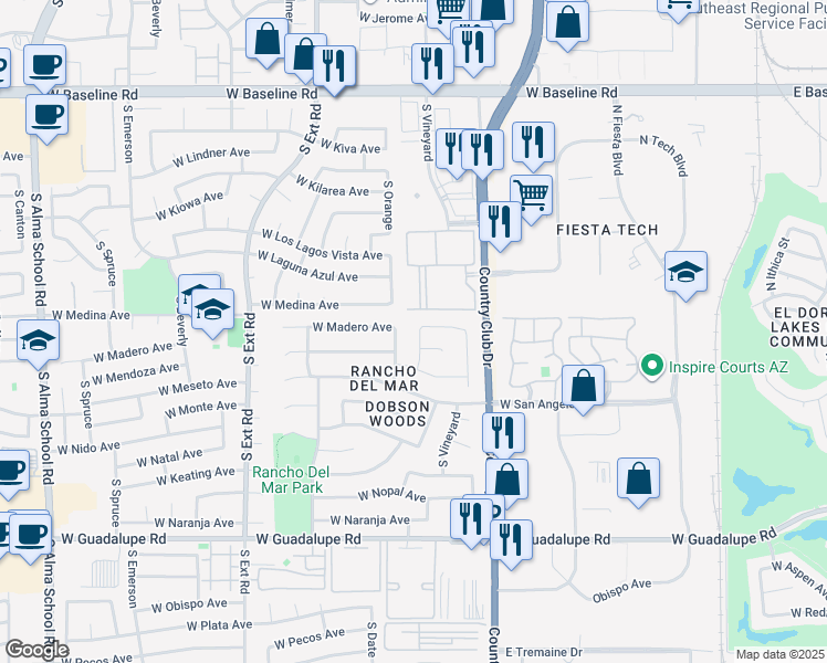 map of restaurants, bars, coffee shops, grocery stores, and more near 458 West Mendoza Circle in Mesa