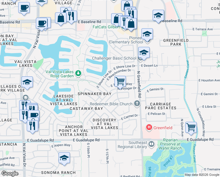 map of restaurants, bars, coffee shops, grocery stores, and more near 2192 East Chesapeake Drive in Gilbert