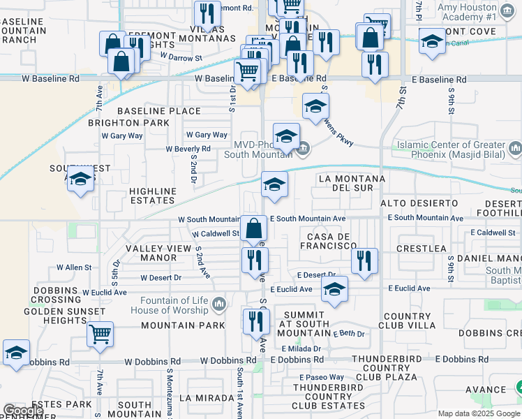 map of restaurants, bars, coffee shops, grocery stores, and more near 03 West South Mountain Avenue in Phoenix