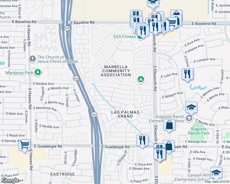 map of restaurants, bars, coffee shops, grocery stores, and more near Inverness in Mesa