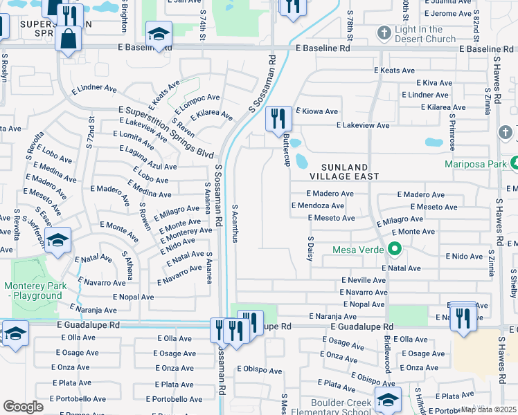 map of restaurants, bars, coffee shops, grocery stores, and more near 2459 South Acanthus in Mesa