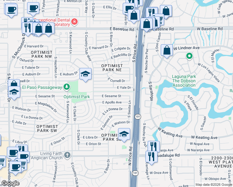 map of restaurants, bars, coffee shops, grocery stores, and more near 2147 East Sesame Street in Tempe