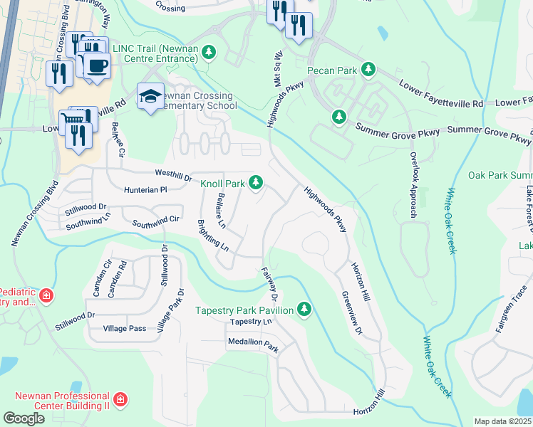 map of restaurants, bars, coffee shops, grocery stores, and more near 39 Fairway Drive in Newnan