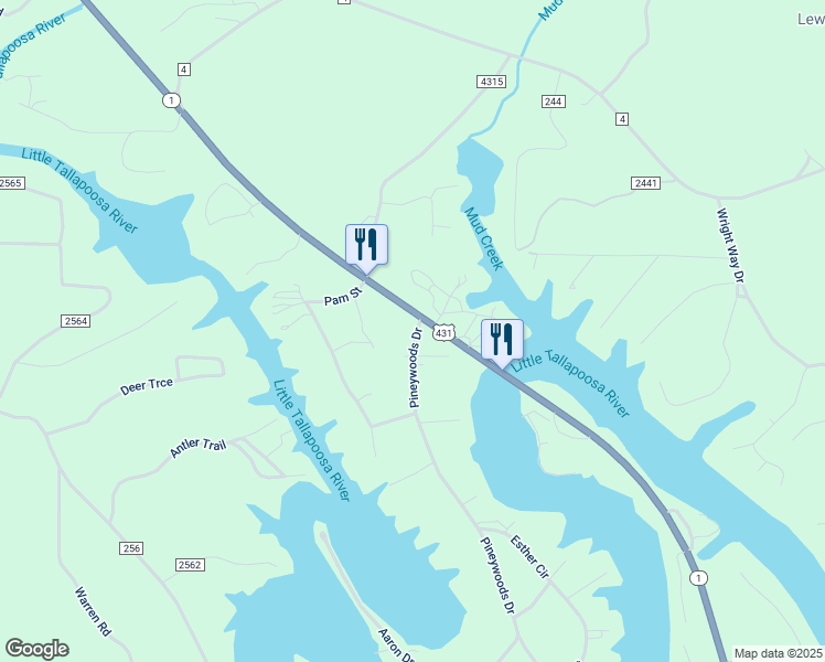 map of restaurants, bars, coffee shops, grocery stores, and more near 28 Pineywoods Drive in Wedowee