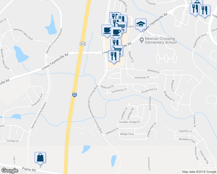 map of restaurants, bars, coffee shops, grocery stores, and more near 140 Stillwood Drive in Newnan