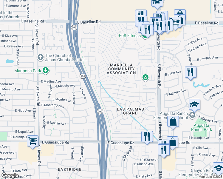 map of restaurants, bars, coffee shops, grocery stores, and more near East Las Palmas Grand in Mesa