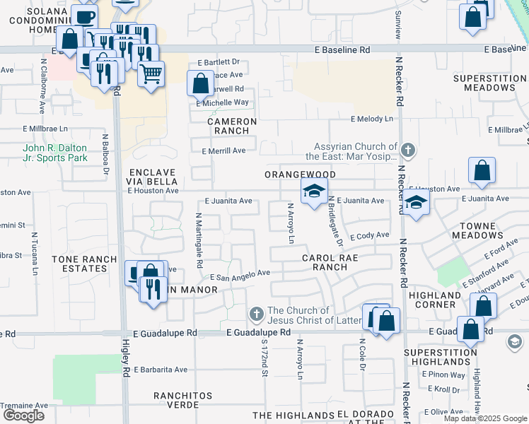 map of restaurants, bars, coffee shops, grocery stores, and more near 3575 East Caleb Way in Gilbert