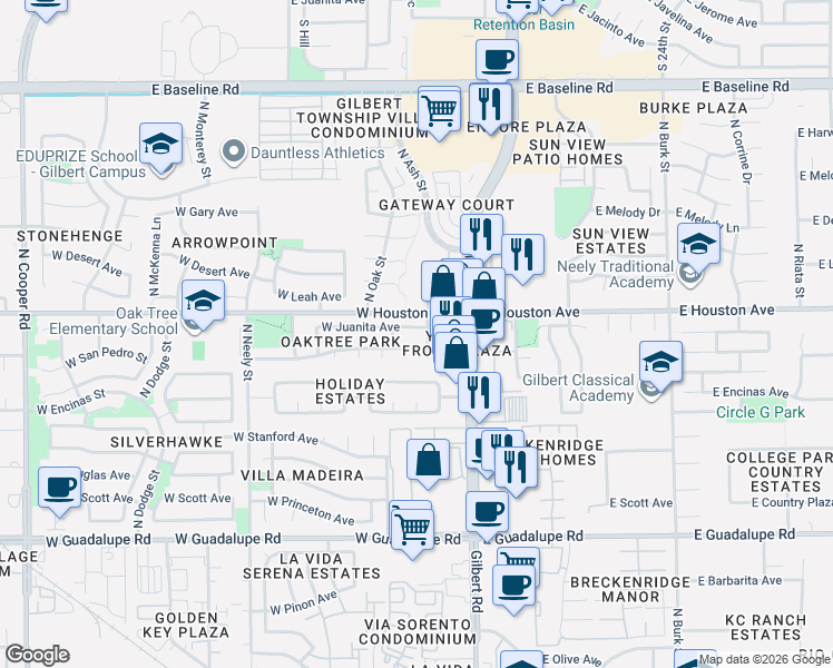 map of restaurants, bars, coffee shops, grocery stores, and more near 1108 North Ash Street in Gilbert