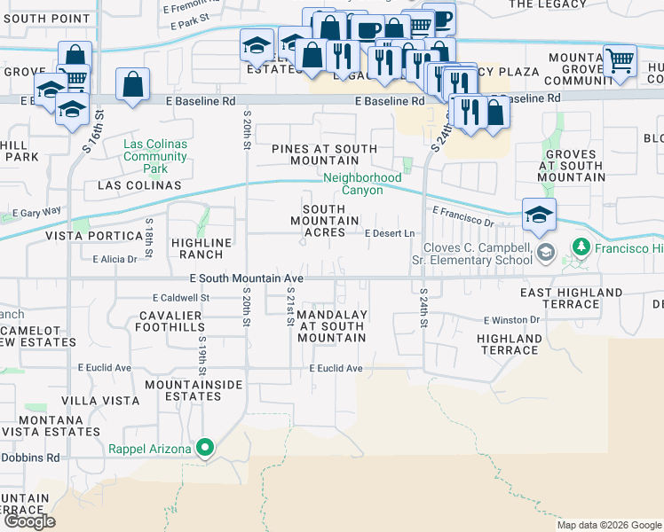 map of restaurants, bars, coffee shops, grocery stores, and more near 2142 East South Mountain Avenue in Phoenix
