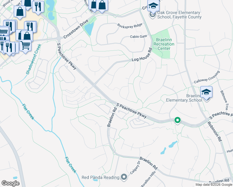 map of restaurants, bars, coffee shops, grocery stores, and more near 316 Brooke Wood Drive in Peachtree City