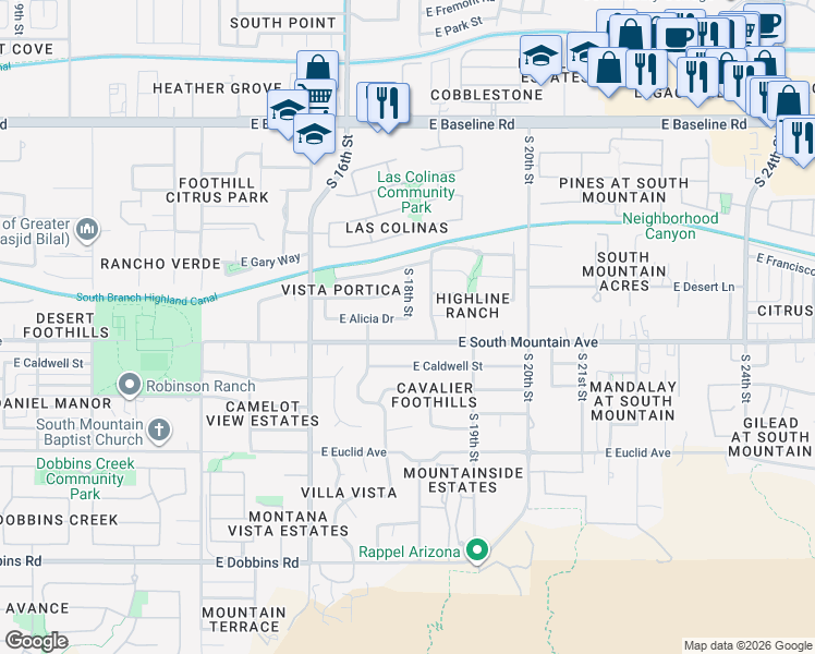 map of restaurants, bars, coffee shops, grocery stores, and more near 1723 East South Mountain Avenue in Phoenix