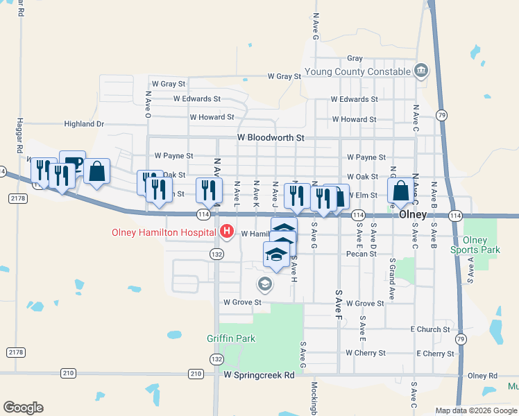 map of restaurants, bars, coffee shops, grocery stores, and more near 807 West Main Street in Olney
