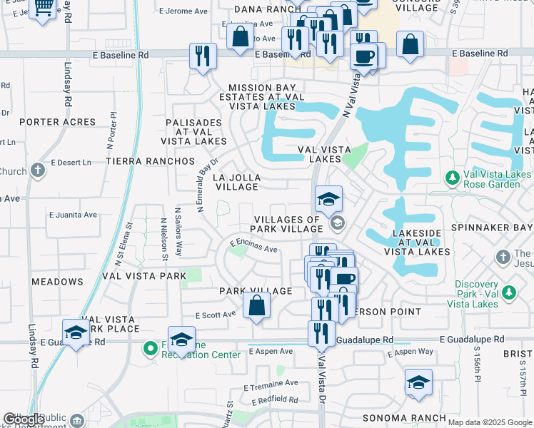 map of restaurants, bars, coffee shops, grocery stores, and more near 1120 North Val Vista Drive in Gilbert