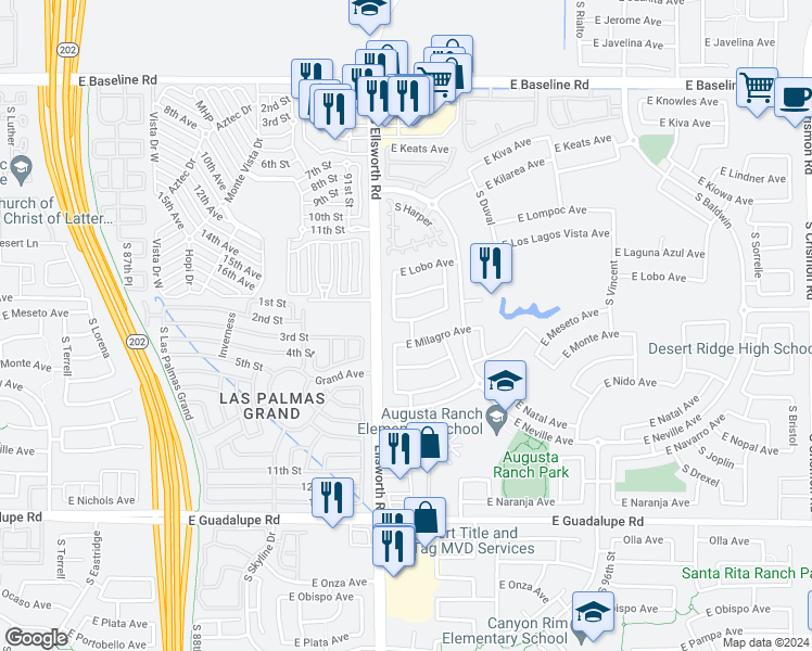 map of restaurants, bars, coffee shops, grocery stores, and more near 2438 South Harper in Mesa