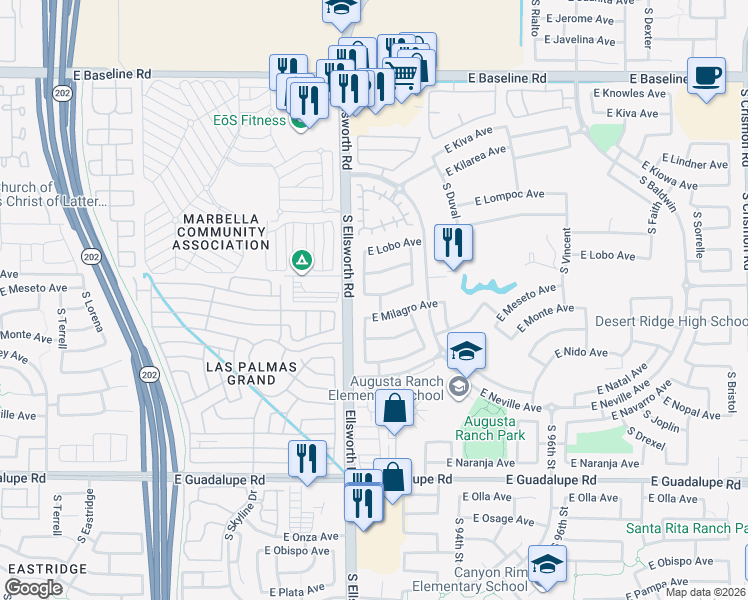 map of restaurants, bars, coffee shops, grocery stores, and more near 9248 East Milagro Avenue in Mesa