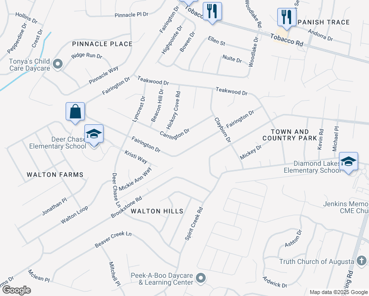 map of restaurants, bars, coffee shops, grocery stores, and more near 3836 Fairington Drive in Hephzibah