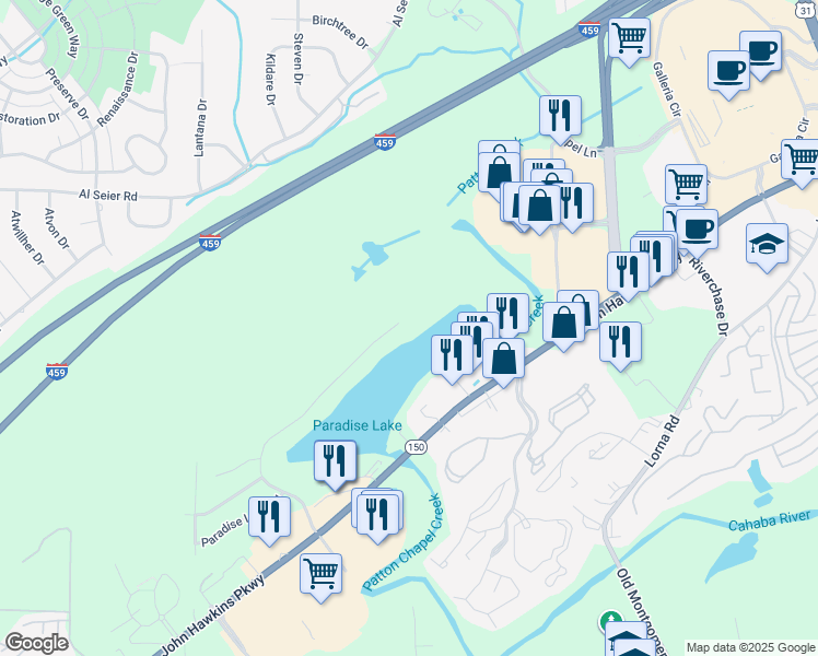 map of restaurants, bars, coffee shops, grocery stores, and more near 3188 Paradise Acres in Birmingham