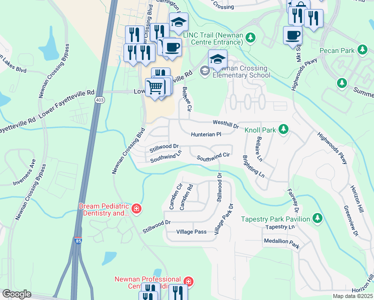 map of restaurants, bars, coffee shops, grocery stores, and more near 27 Southwind Circle in Newnan