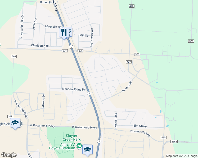 map of restaurants, bars, coffee shops, grocery stores, and more near 214 Woodland Street in Anna