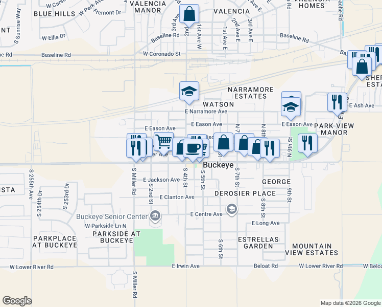 map of restaurants, bars, coffee shops, grocery stores, and more near 108 North 4th Street in Buckeye