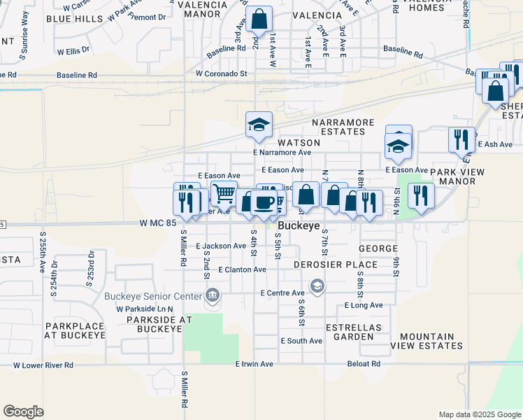 map of restaurants, bars, coffee shops, grocery stores, and more near 108 North 4th Street in Buckeye