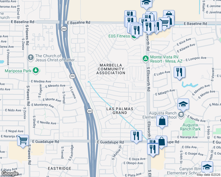 map of restaurants, bars, coffee shops, grocery stores, and more near Inverness in Mesa