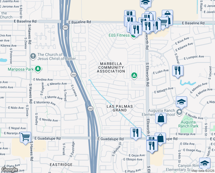 map of restaurants, bars, coffee shops, grocery stores, and more near Inverness in Mesa