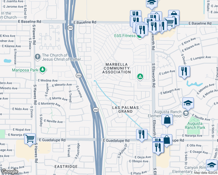 map of restaurants, bars, coffee shops, grocery stores, and more near Inverness in Mesa