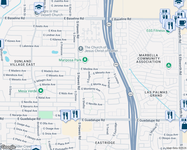 map of restaurants, bars, coffee shops, grocery stores, and more near 2456 South Lynch in Mesa