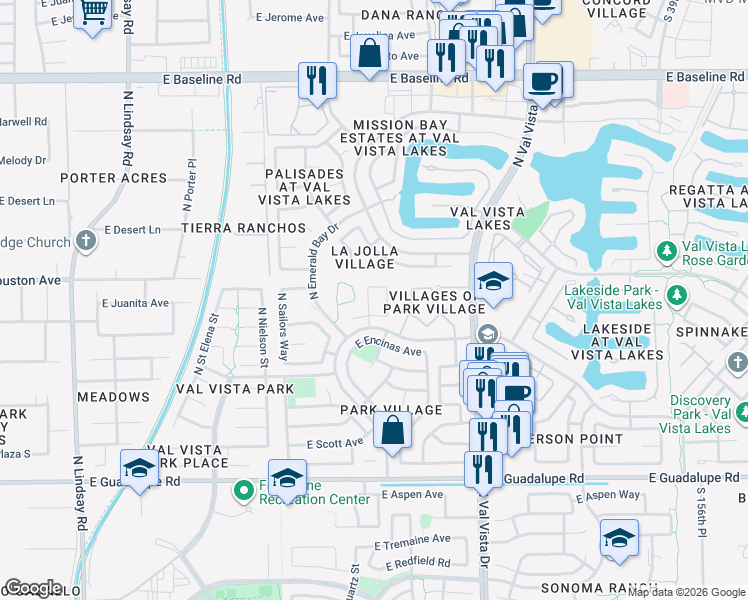 map of restaurants, bars, coffee shops, grocery stores, and more near 1401 East San Angelo Avenue in Gilbert
