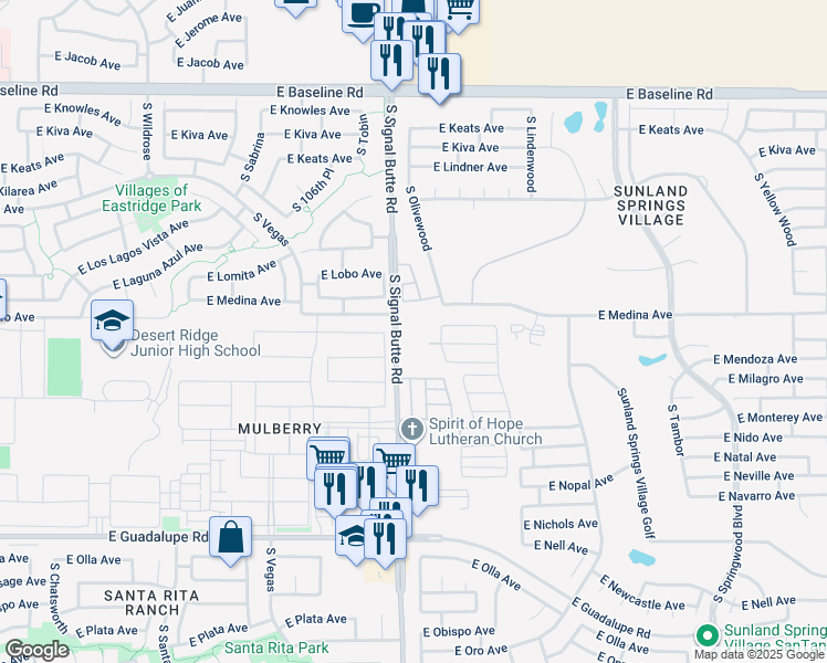 map of restaurants, bars, coffee shops, grocery stores, and more near 2415 South Signal Butte Road in Mesa