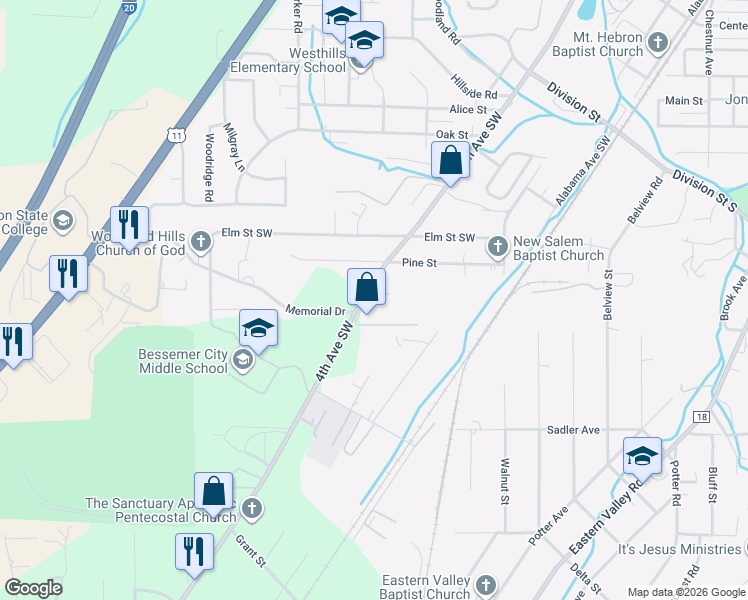 map of restaurants, bars, coffee shops, grocery stores, and more near 305 Reeves Lane Southwest in Bessemer