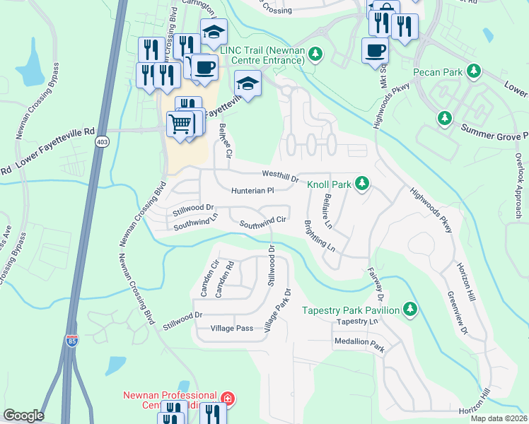 map of restaurants, bars, coffee shops, grocery stores, and more near 56 Southwind Circle in Newnan