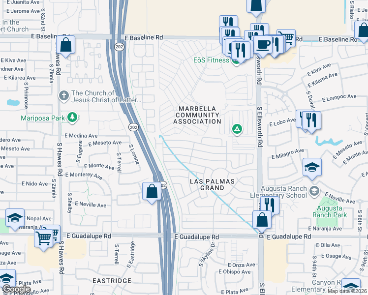 map of restaurants, bars, coffee shops, grocery stores, and more near Inverness in Mesa