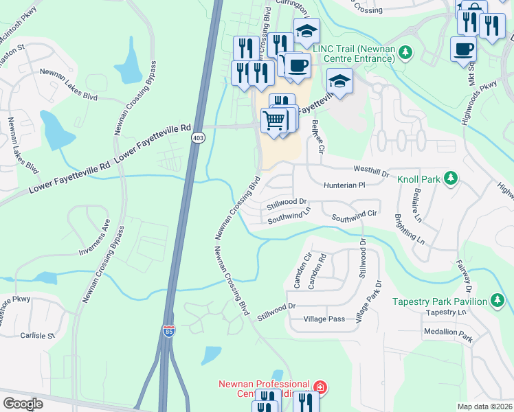 map of restaurants, bars, coffee shops, grocery stores, and more near 225 Southwind Lane in Newnan