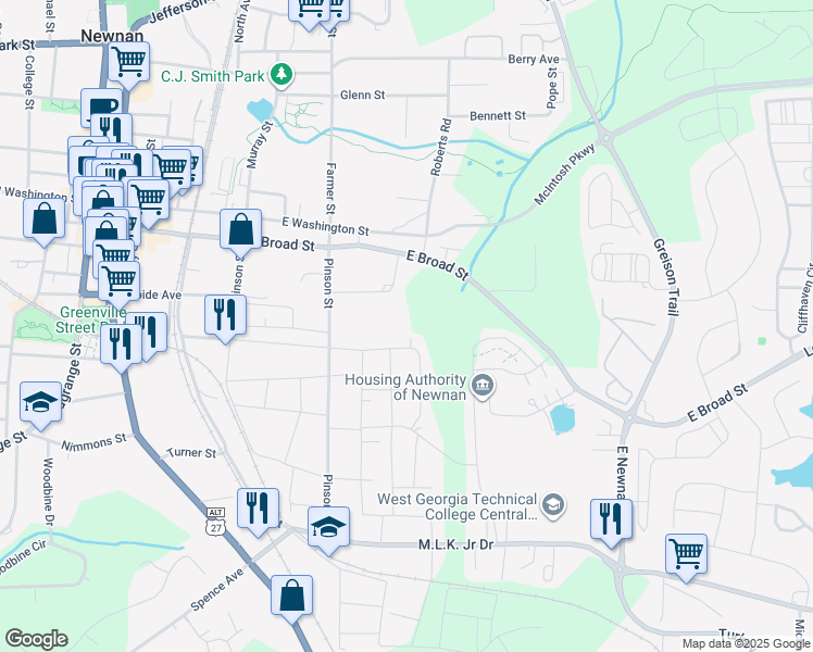 map of restaurants, bars, coffee shops, grocery stores, and more near 110 Savannah Street in Newnan