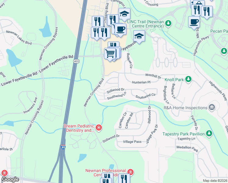 map of restaurants, bars, coffee shops, grocery stores, and more near 179 Southwind Lane in Newnan
