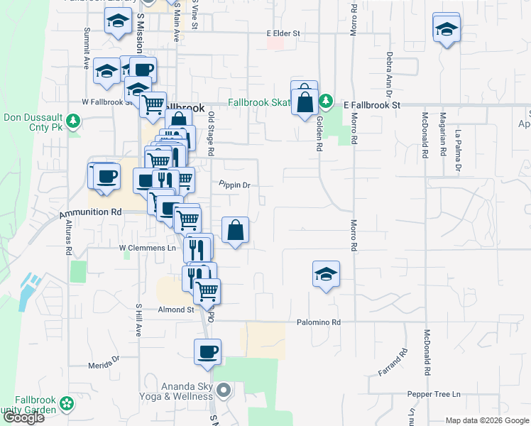 map of restaurants, bars, coffee shops, grocery stores, and more near 1213 Senwood Way in Fallbrook