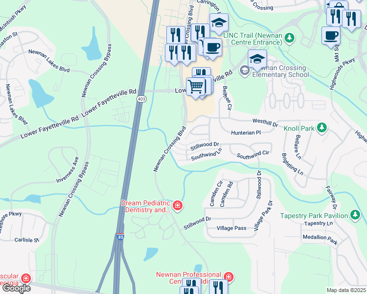 map of restaurants, bars, coffee shops, grocery stores, and more near 126 Stillwood Drive in Newnan