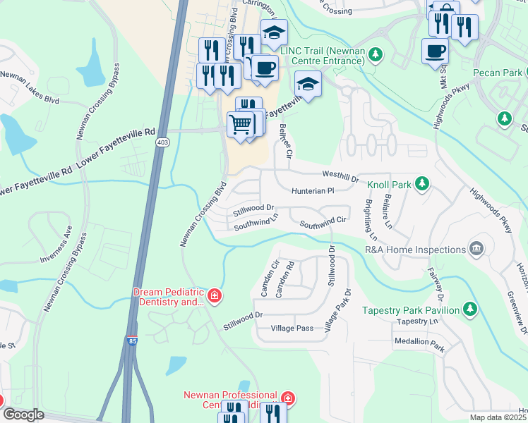map of restaurants, bars, coffee shops, grocery stores, and more near 207 Stillwood Drive in Newnan