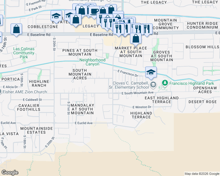 map of restaurants, bars, coffee shops, grocery stores, and more near 8323 South 23rd Place in Phoenix
