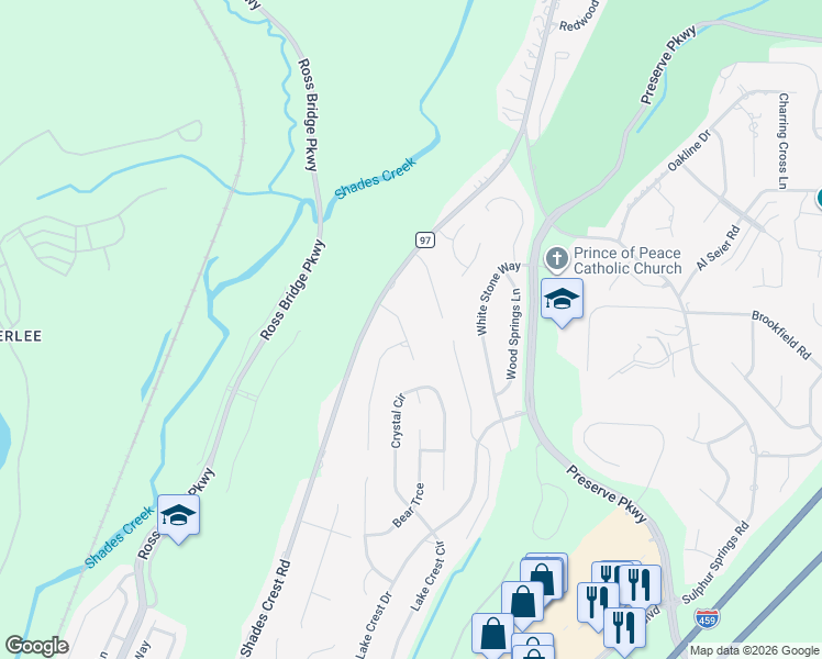 map of restaurants, bars, coffee shops, grocery stores, and more near 4608 Summit Cove in Hoover