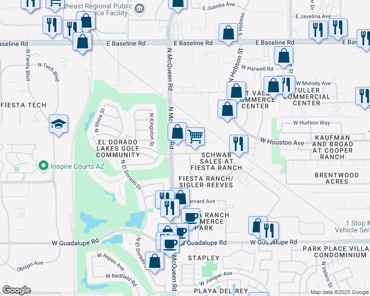 map of restaurants, bars, coffee shops, grocery stores, and more near 1516 West San Pedro Street in Gilbert