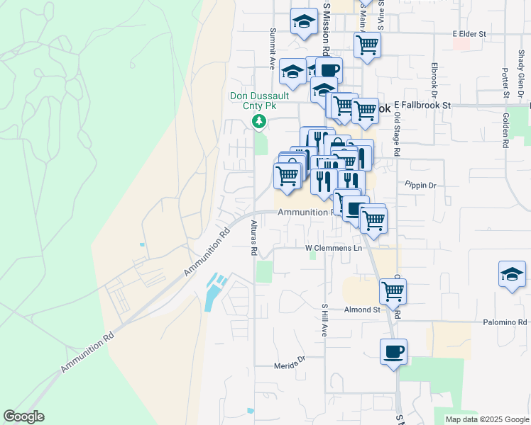 map of restaurants, bars, coffee shops, grocery stores, and more near 462 Ammunition Road in Fallbrook